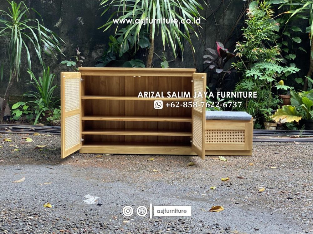 Rak Sepatu Jati Rotan Modern