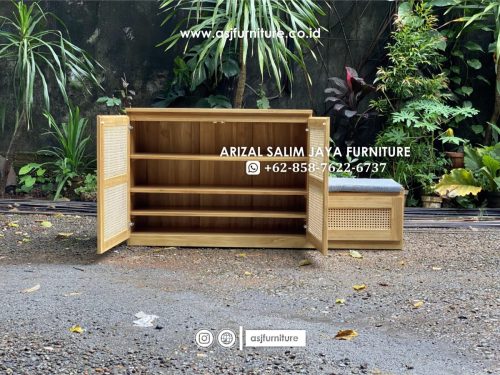 Rak Sepatu Jati Rotan Modern