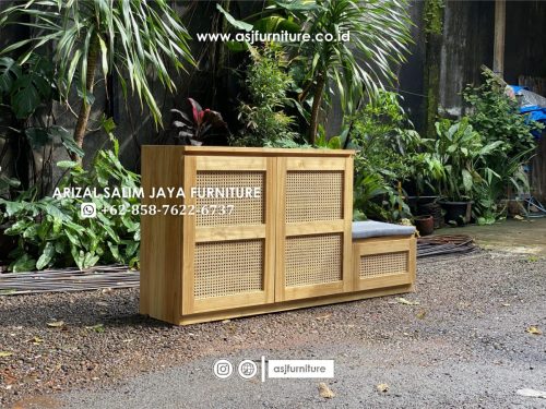 Rak Sepatu Jati Rotan Modern