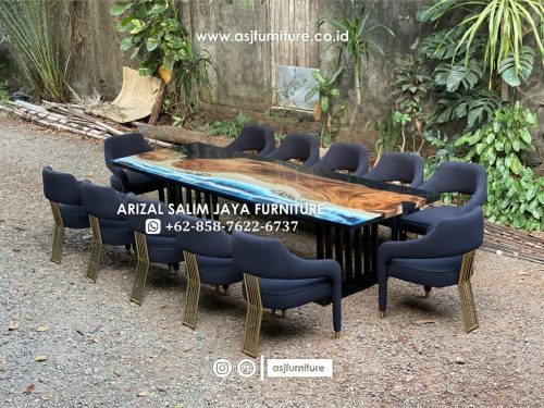 Meja Makan Resin Kayu Trembesi 12 Kursi Kaki Stainless Meja Makan Resin Kayu Trembesi 12 Kursi Kaki Stainless