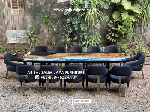 Meja Makan Resin Kayu Trembesi 12 Kursi Kaki Stainless Meja Makan Resin Kayu Trembesi 12 Kursi Kaki Stainless