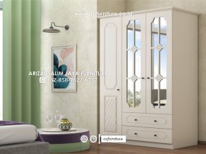 Lemari Pakaian 3 Pintu Putih Kaca Klasik Minimalis