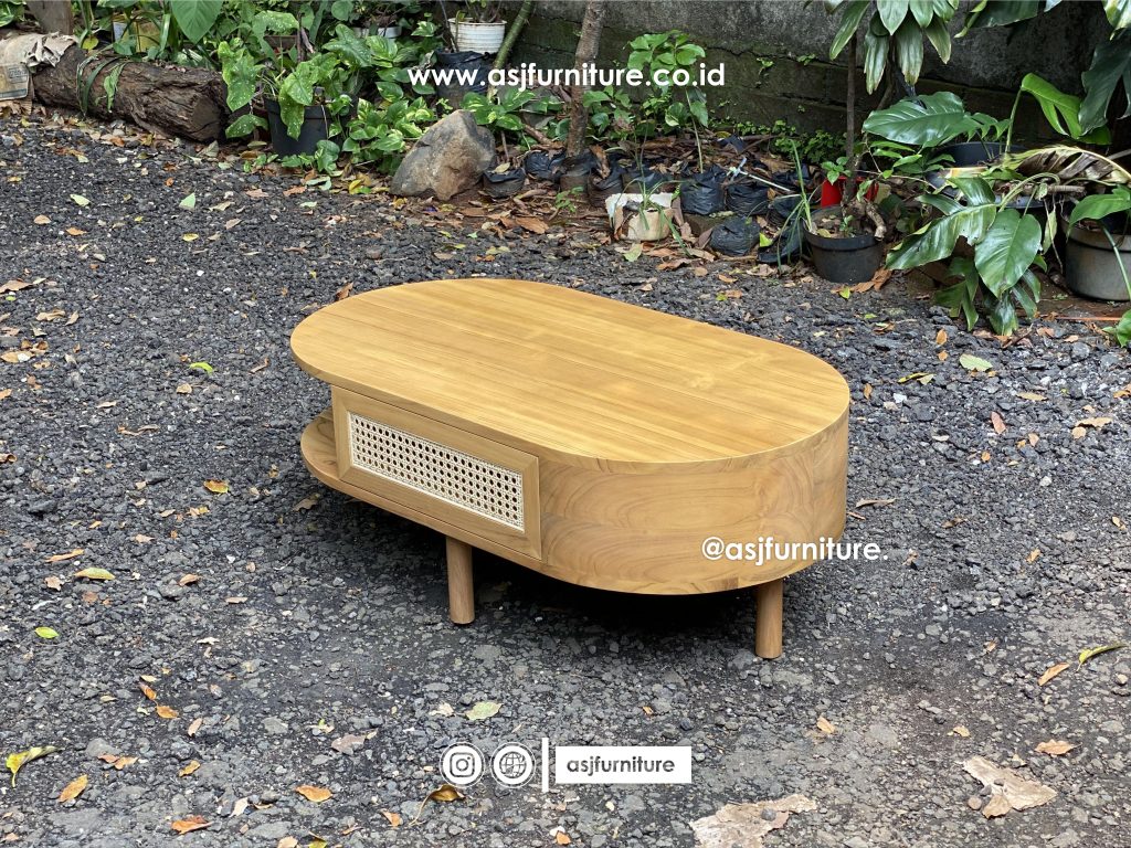 Meja Tamu Jati Bleaching Rotan Japandi Minimalis