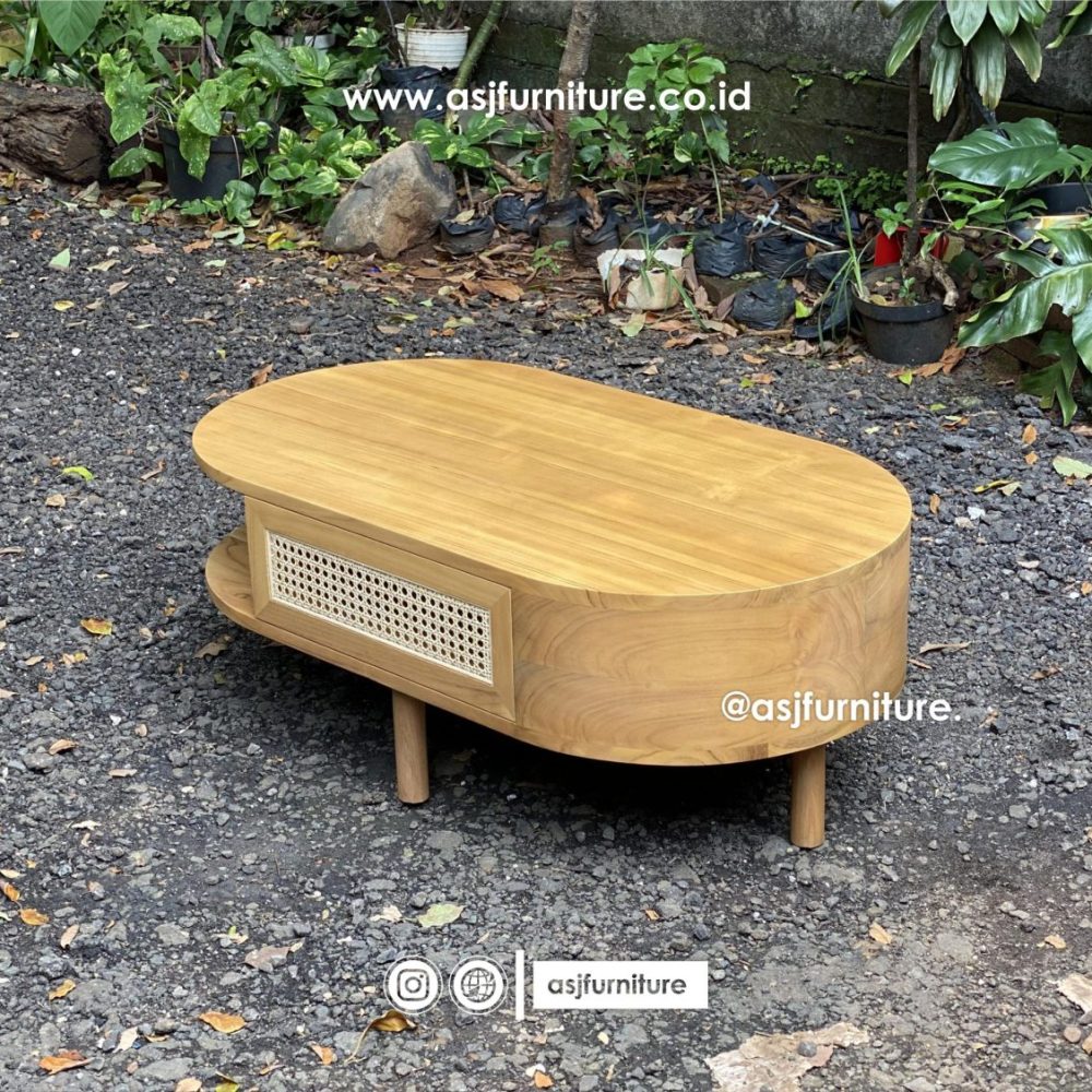 Meja Tamu Jati Bleaching Rotan Japandi Minimalis