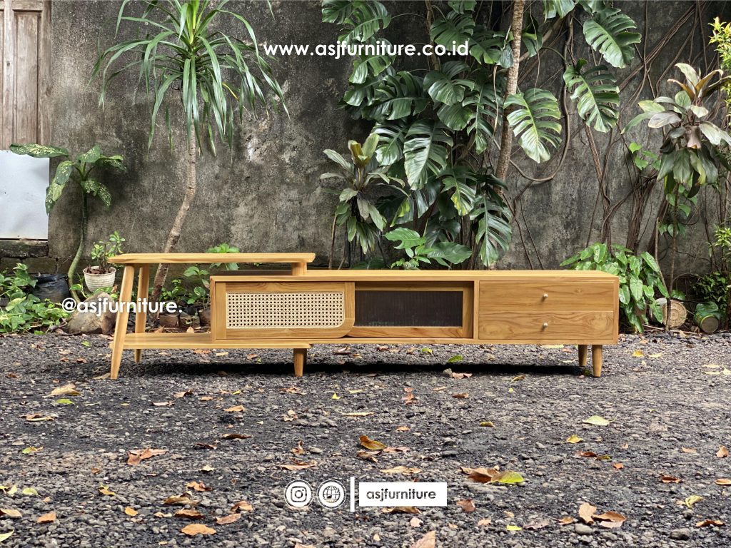 Meja TV Jati Rotan Bleaching Japandi Minimalis