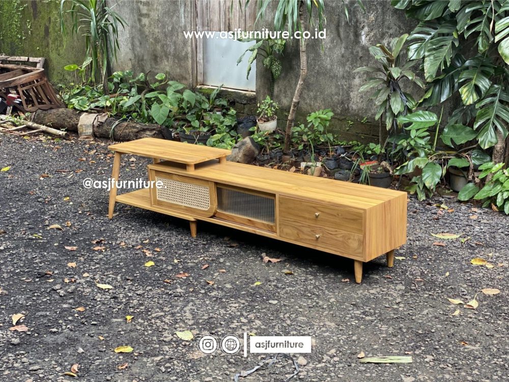 Meja TV Jati Rotan Bleaching Japandi Minimalis