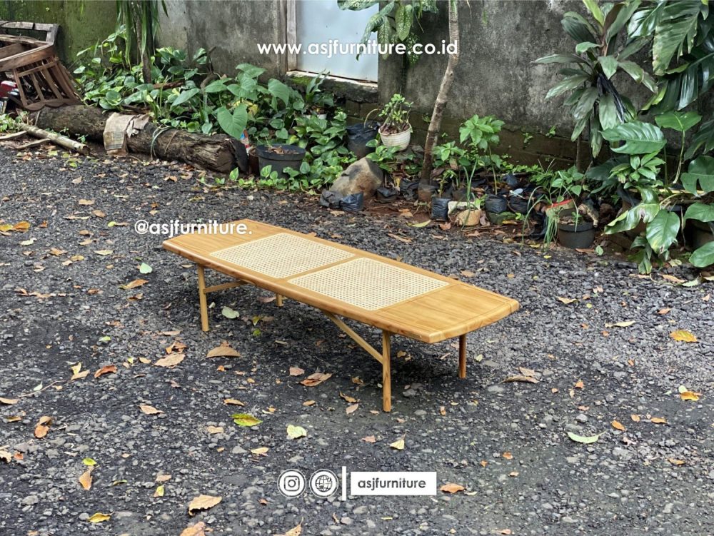 Meja Japandi Jati Bleaching Rotan Minimalis