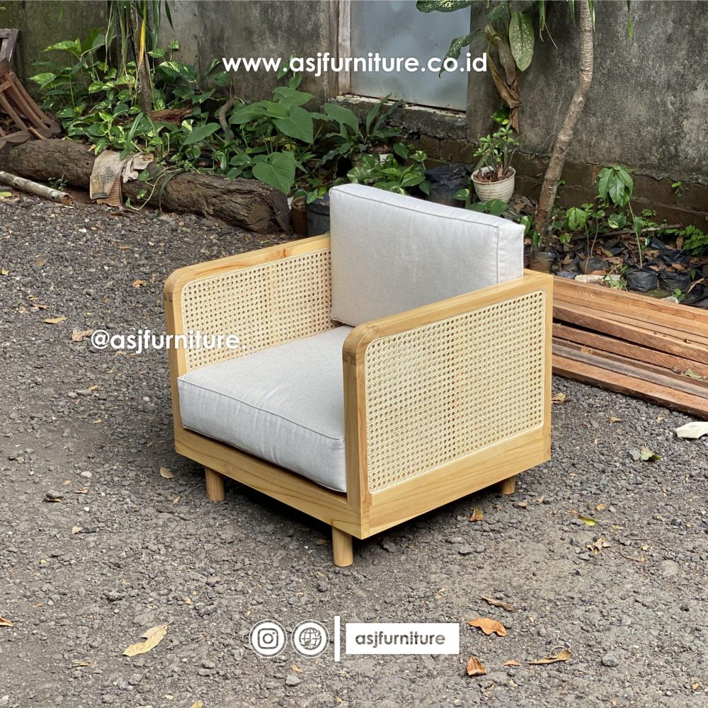 Kursi Tamu Sofa Single 1 Dudukan Jati Rotan Modern