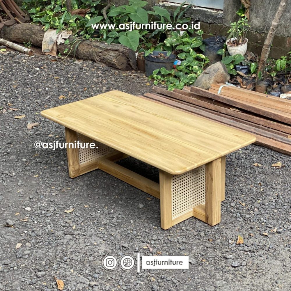 Meja Tamu Jati Rotan Persegi Panjang Modern