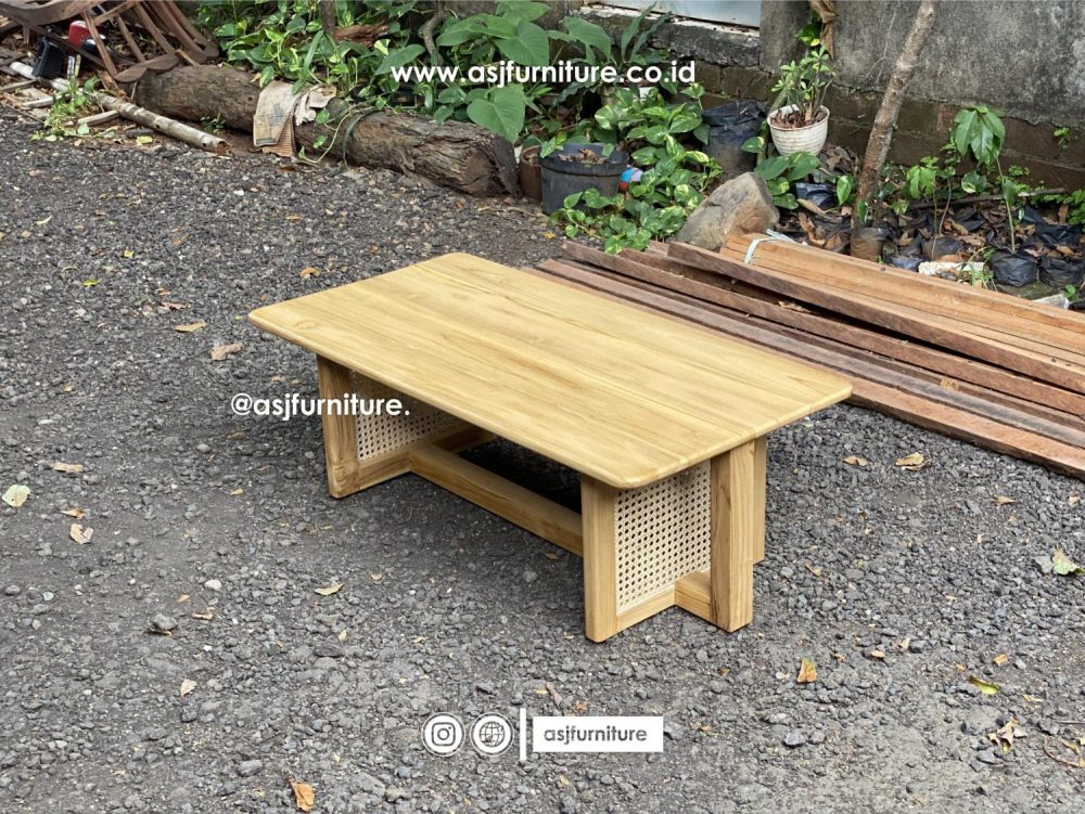 Meja Tamu Jati Rotan Persegi Panjang Modern