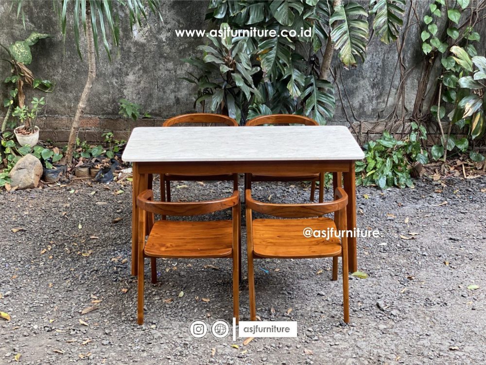 Set Meja Makan Marmer Jati 4 Kursi Klasik Modern