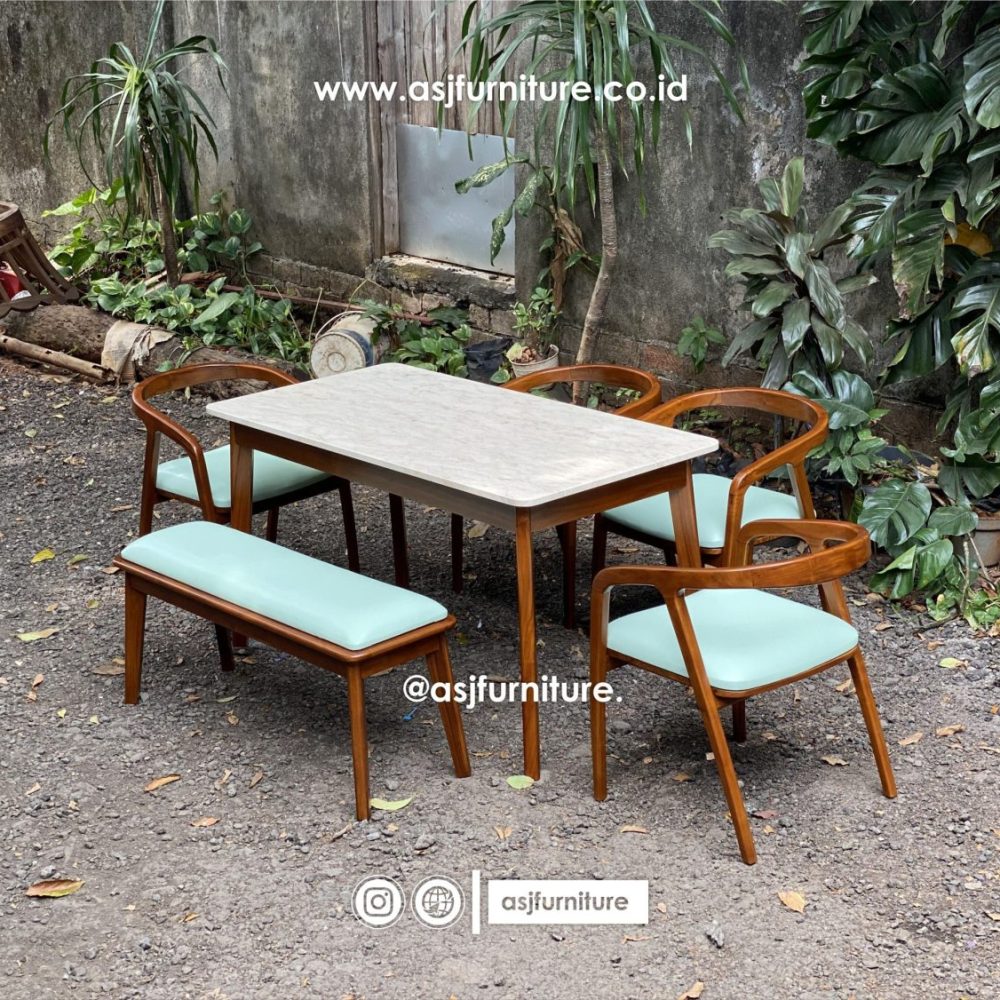 Meja Makan Set Marmer 4 Kursi 1 Bangku Jati Minimalis