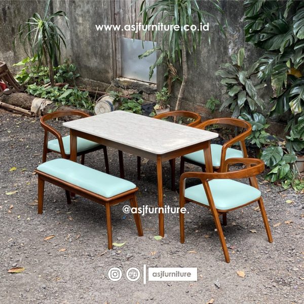 Meja Makan Set Marmer 4 Kursi 1 Bangku Jati Minimalis