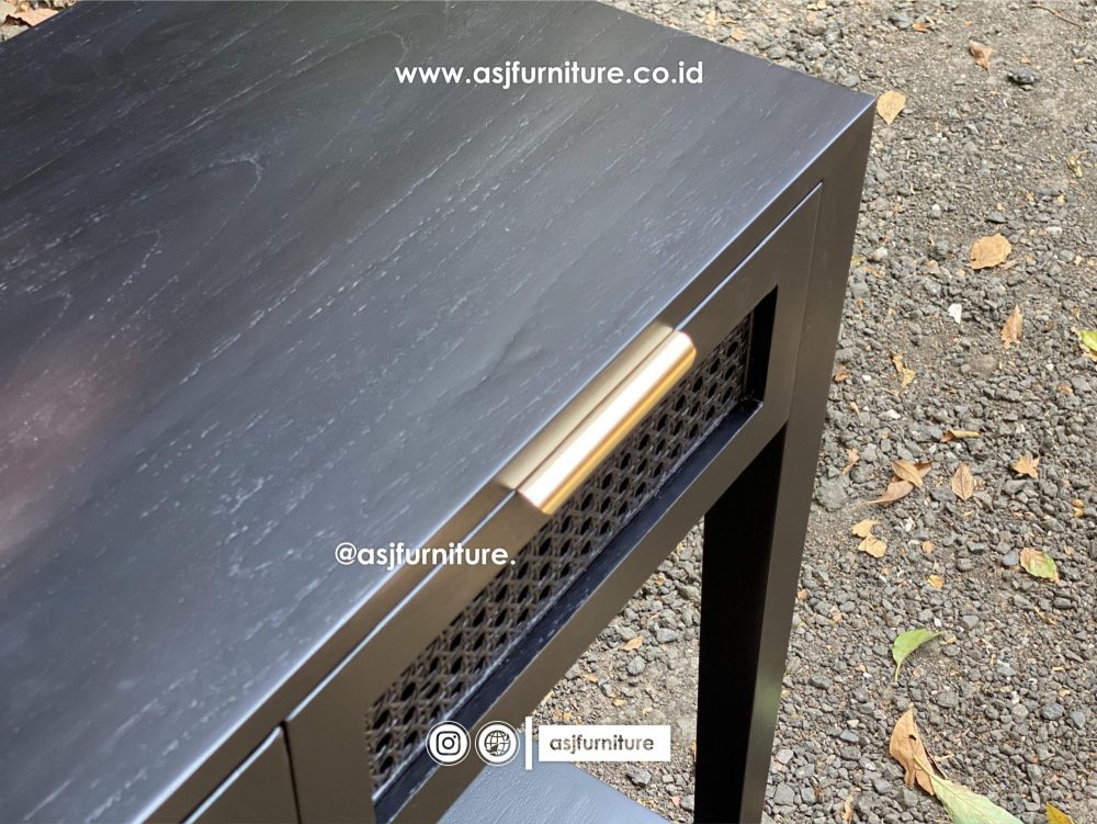 Meja Console Hitam Woodstain Jati Laci Rotan Modern Minimalis