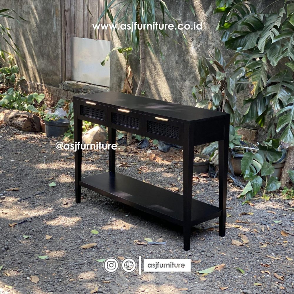 Meja Console Hitam Woodstain Jati Laci Rotan Modern Minimalis