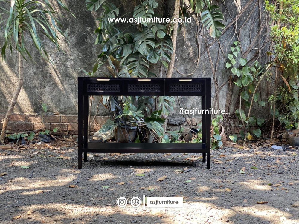 Meja Console Hitam Woodstain Jati Laci Rotan Modern Minimalis