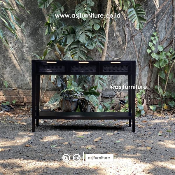 Meja Console Hitam Woodstain Jati Laci Rotan Modern Minimalis