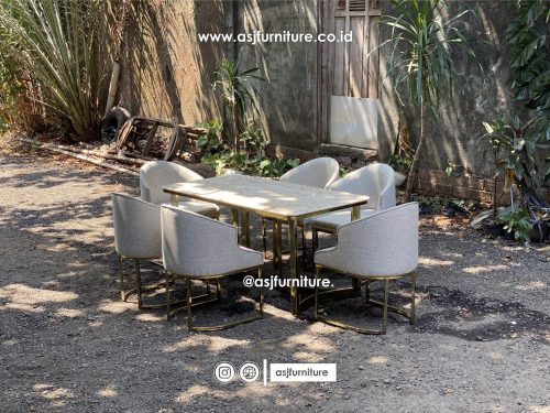 Meja Makan Set Stainless Marmer Mewah 6 Kursi Modern