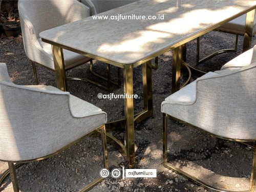 Meja Makan Set Stainless Marmer Mewah 6 Kursi Modern