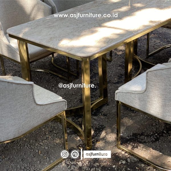Meja Makan Set Stainless Marmer Mewah 6 Kursi Modern