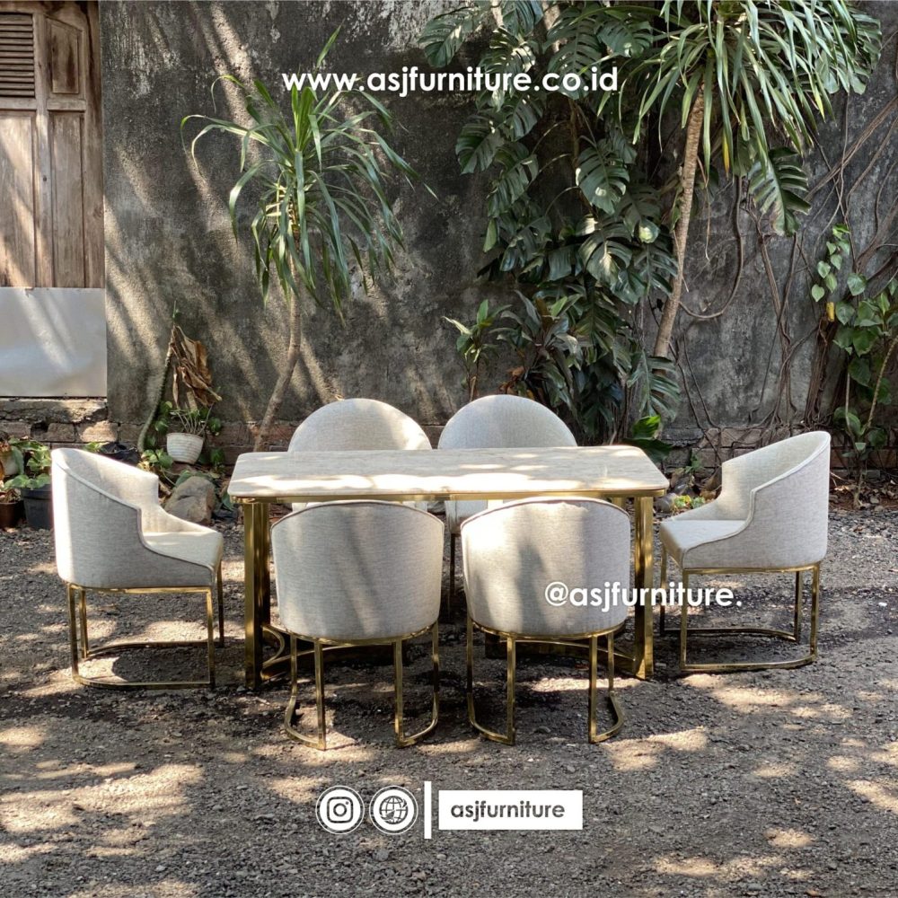 Meja Makan Set Stainless Marmer Mewah 6 Kursi Modern