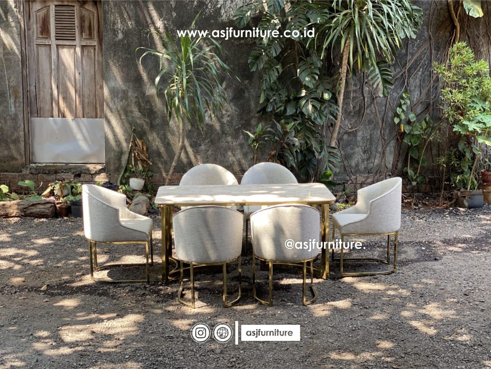 Meja Makan Set Stainless Marmer Mewah 6 Kursi Modern