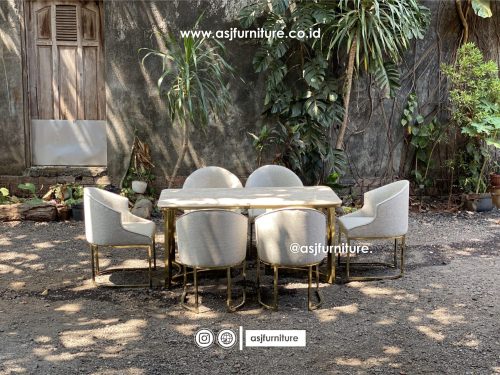Meja Makan Set Stainless Marmer Mewah 6 Kursi Modern