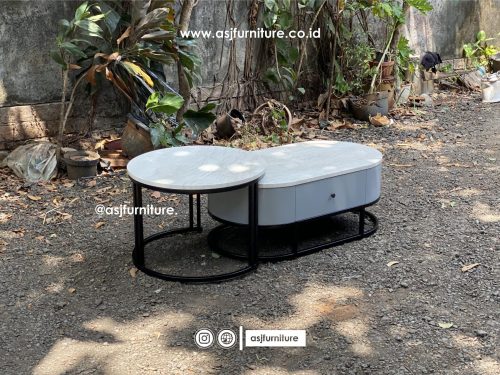 Meja Tamu Kaki Besi Marmer Bulat Panjang Minimalis
