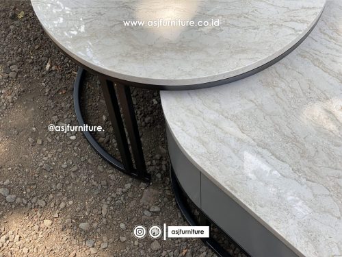 Meja Tamu Kaki Besi Marmer Bulat Panjang Minimalis