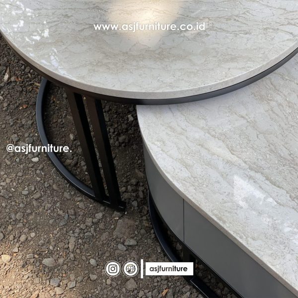 Meja Tamu Kaki Besi Marmer Bulat Panjang Minimalis
