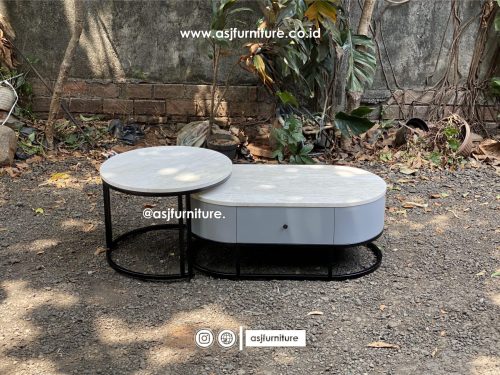 Meja Tamu Kaki Besi Marmer Bulat Panjang Minimalis