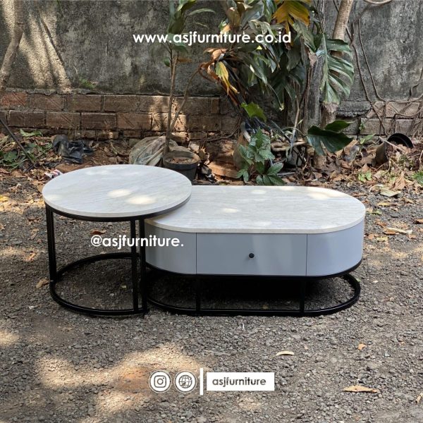 Meja Tamu Kaki Besi Marmer Bulat Panjang Minimalis