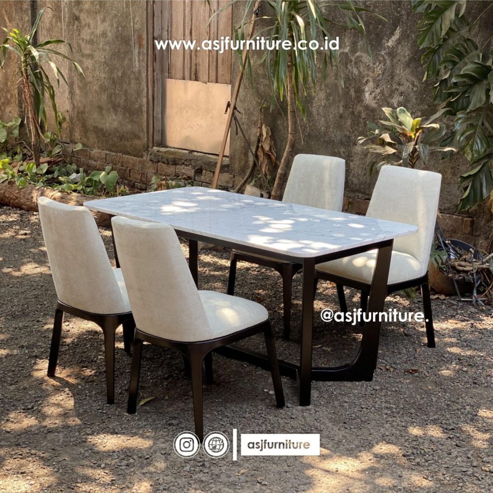 Meja Makan 4 Kursi Jati Hitam Marmer Modern Minimalis