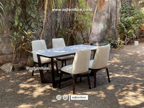 Meja Makan 4 Kursi Jati Hitam Marmer Modern Minimalis