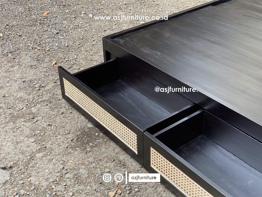 Dipan Tidur Jati Rotan Hitam Laci Modern Minimalis