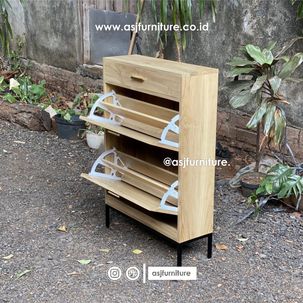 Tempat Rak Sepatu Jati Rotan Kaki Besi Hitam Modern