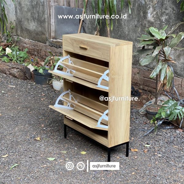 Tempat Rak Sepatu Jati Rotan Kaki Besi Hitam Modern