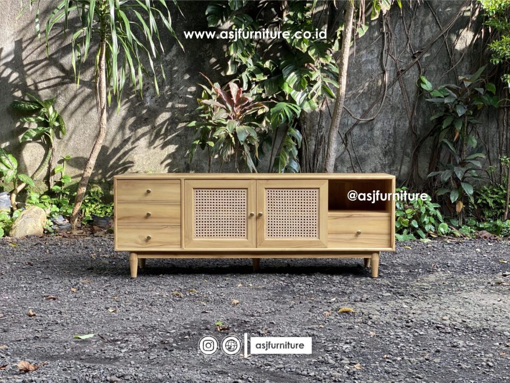 Meja TV Jati Rotan Natural Modern Minimalis