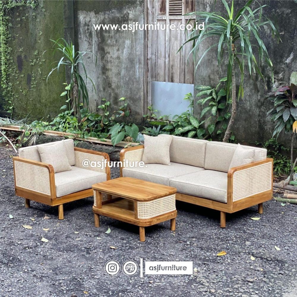 Sofa Tamu Set Jati Rotan Natural Modern Minimalis