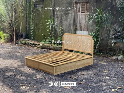 Tempat Tidur Jati Rotan 2 Laci Scandinavian Modern Minimalis