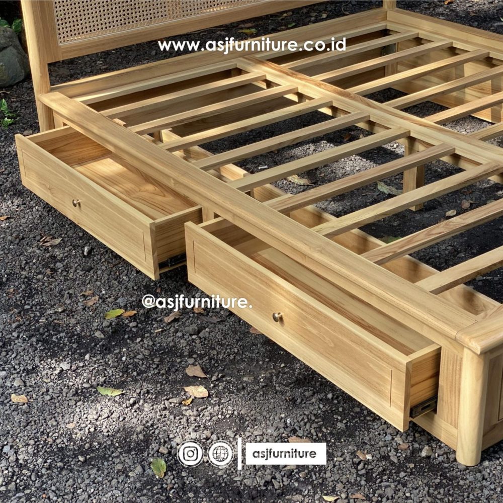 Tempat Tidur Jati Rotan 2 Laci Scandinavian Modern Minimalis