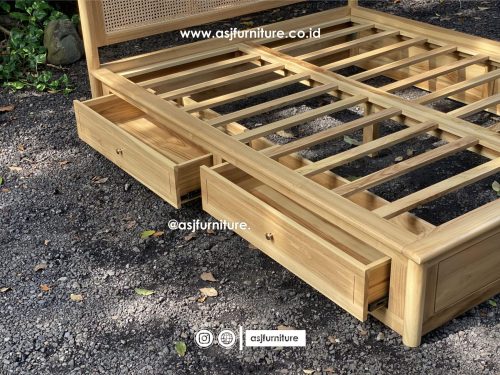 Tempat Tidur Jati Rotan 2 Laci Scandinavian Modern Minimalis