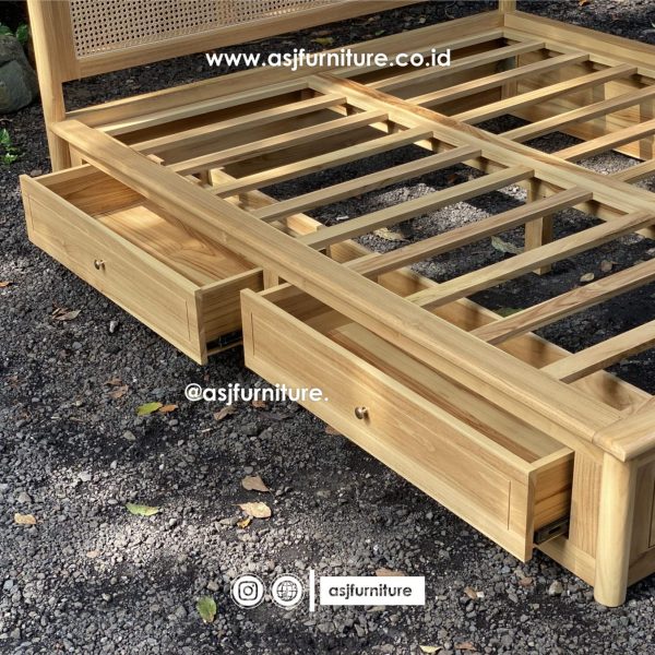 Tempat Tidur Jati Rotan 2 Laci Scandinavian Modern Minimalis