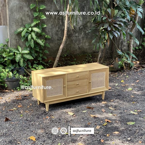 Meja TV Jati Rotan Scandinavian 3 Laci 2 Pintu Modern Minimalis