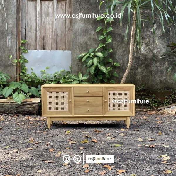 Meja TV Jati Rotan Scandinavian 3 Laci 2 Pintu Modern Minimalis