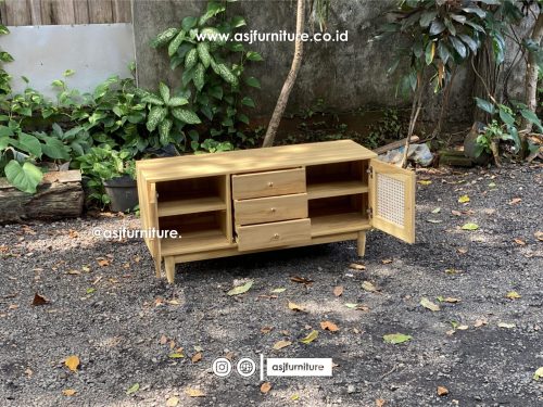 Meja TV Jati Rotan Scandinavian 3 Laci 2 Pintu Modern Minimalis Meja TV Jati Rotan Scandinavian 3 Laci 2 Pintu Modern Minimalis