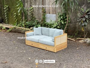 Kursi Sofa 2 Laci Jati Rotan Scandinavian Modern Minimalis