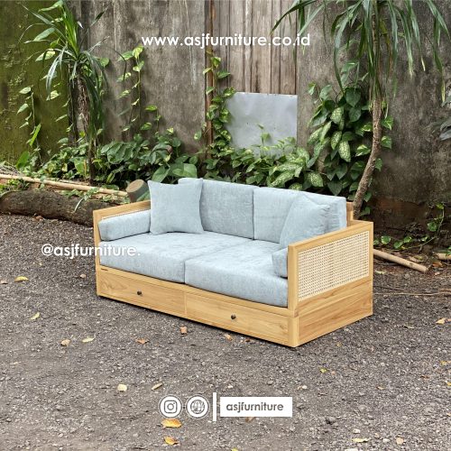 Kursi Sofa 2 Laci Jati Rotan Scandinavian Modern Minimalis