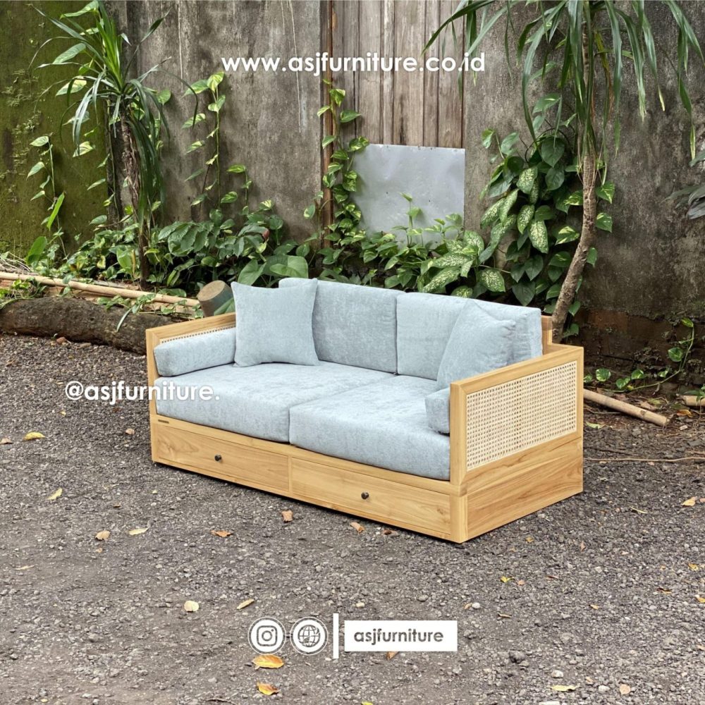 Kursi Sofa 2 Laci Jati Rotan Scandinavian Modern Minimalis