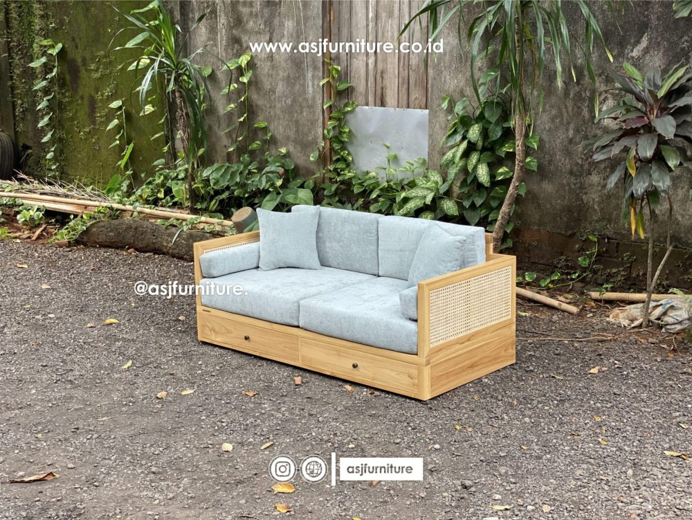 Kursi Sofa 2 Laci Jati Rotan Scandinavian Modern Minimalis